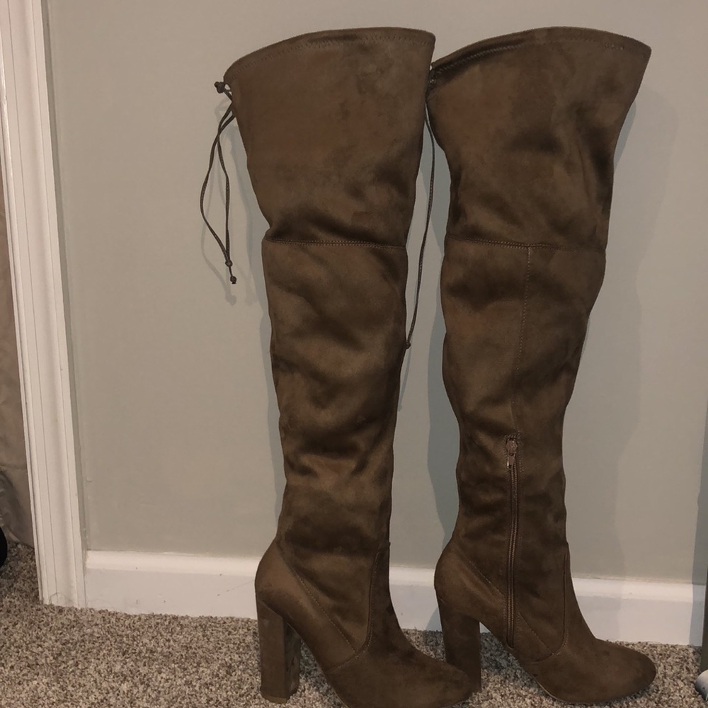 Beige thigh high heeled boots